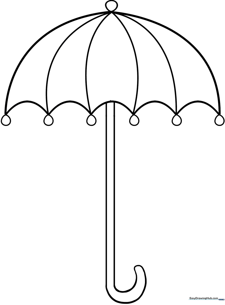 A simple black and white line drawing of a classic umbrella with a curved handle, perfect for children to color with crayons or markers.
