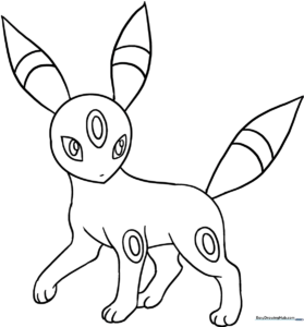 Black and white line art of Umbreon from Pokemon, featuring clear outlines for easy coloring and distinct ring markings on the ears and tail.
