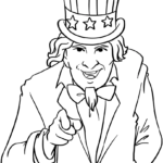 Black and white line art of Uncle Sam wearing his signature top hat and coat, ready for children to color with patriotic red, white, and blue markers.
