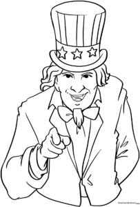 Black and white line art of Uncle Sam wearing his signature top hat and coat, ready for children to color with patriotic red, white, and blue markers.