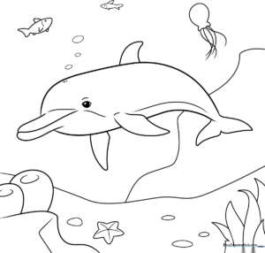 A friendly cartoon dolphin swimming underwater with simple, bold outlines suitable for children to color with crayons or markers.