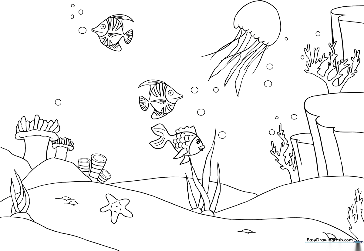 Black and white line art of an underwater scene featuring tropical fish, coral reefs, and seaweed, designed for children to color.
