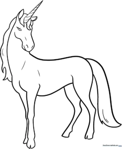 Black and white line art of a friendly unicorn with a flowing mane and horn, ready for children to color with crayons or markers.