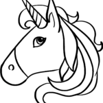 Black and white line art of a smiling unicorn emoji with a spiral horn, perfect for children to color with crayons or markers.