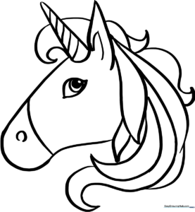 Black and white line art of a smiling unicorn emoji with a spiral horn, perfect for children to color with crayons or markers.