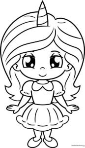 Black and white line art of a girl wearing a unicorn headband, ready for children to color with crayons or markers.
