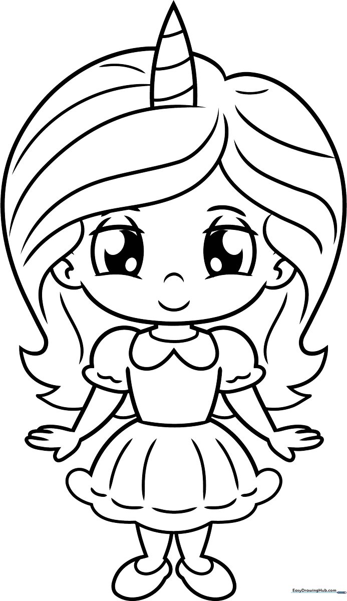 Black and white line art of a girl wearing a unicorn headband, ready for children to color with crayons or markers.