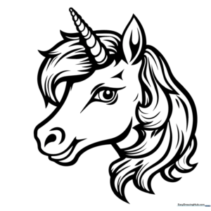 Black and white line art of a friendly unicorn head featuring a spiraled horn and flowing mane, ready for children to color.
