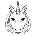 A friendly unicorn character with a spiral horn and large, expressive eyes, outlined in thick black lines on a white background for easy coloring.