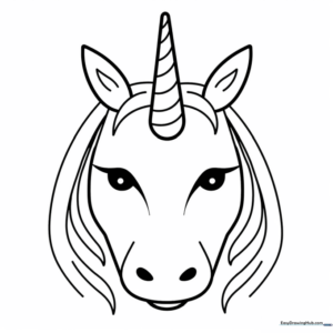 A friendly unicorn character with a spiral horn and large, expressive eyes, outlined in thick black lines on a white background for easy coloring.