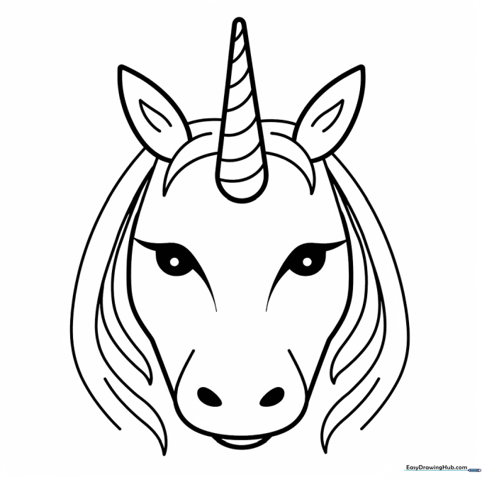 A friendly unicorn character with a spiral horn and large, expressive eyes, outlined in thick black lines on a white background for easy coloring.