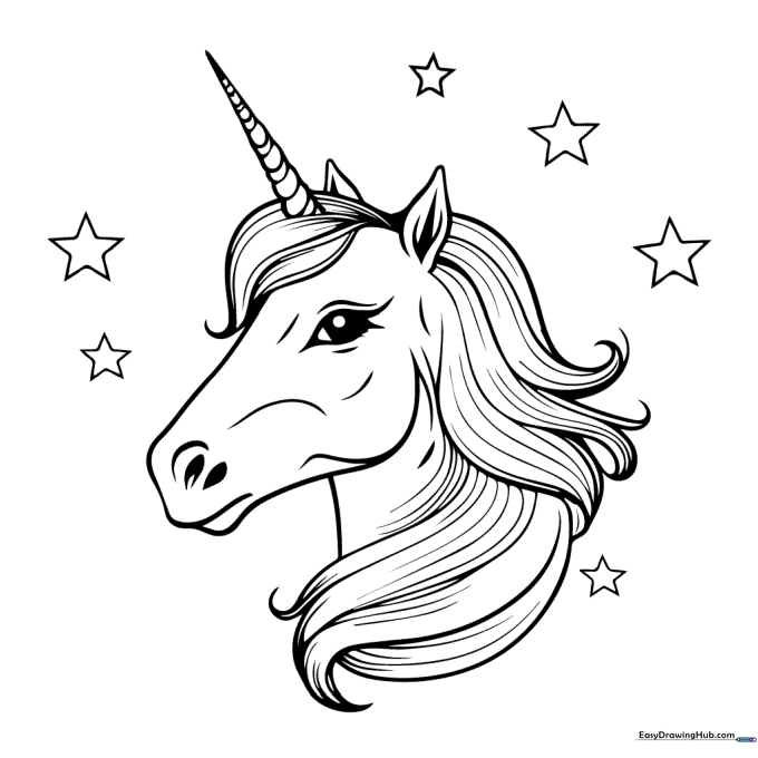 A friendly unicorn character surrounded by twinkling stars, featuring bold outlines perfect for young children practicing coloring techniques.