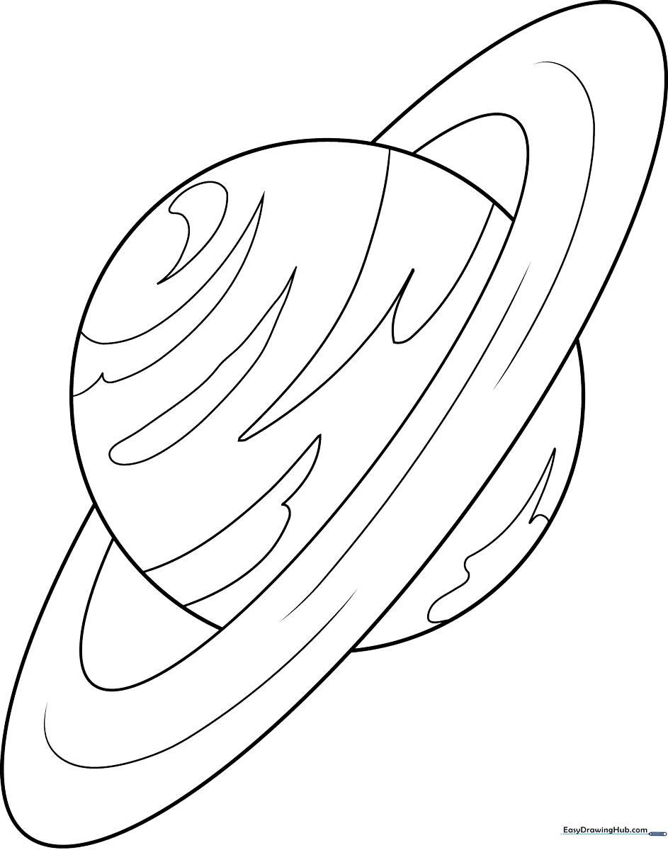 Black and white line art of the planet Uranus with its distinct horizontal rings, ready for children to color.
