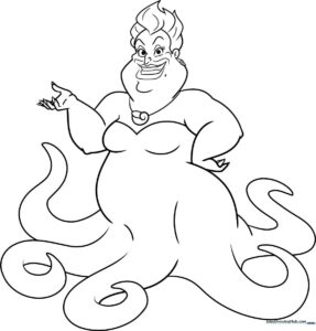 Black and white line art of Ursula from The Little Mermaid showing her iconic hairstyle and tentacle details ready for coloring.