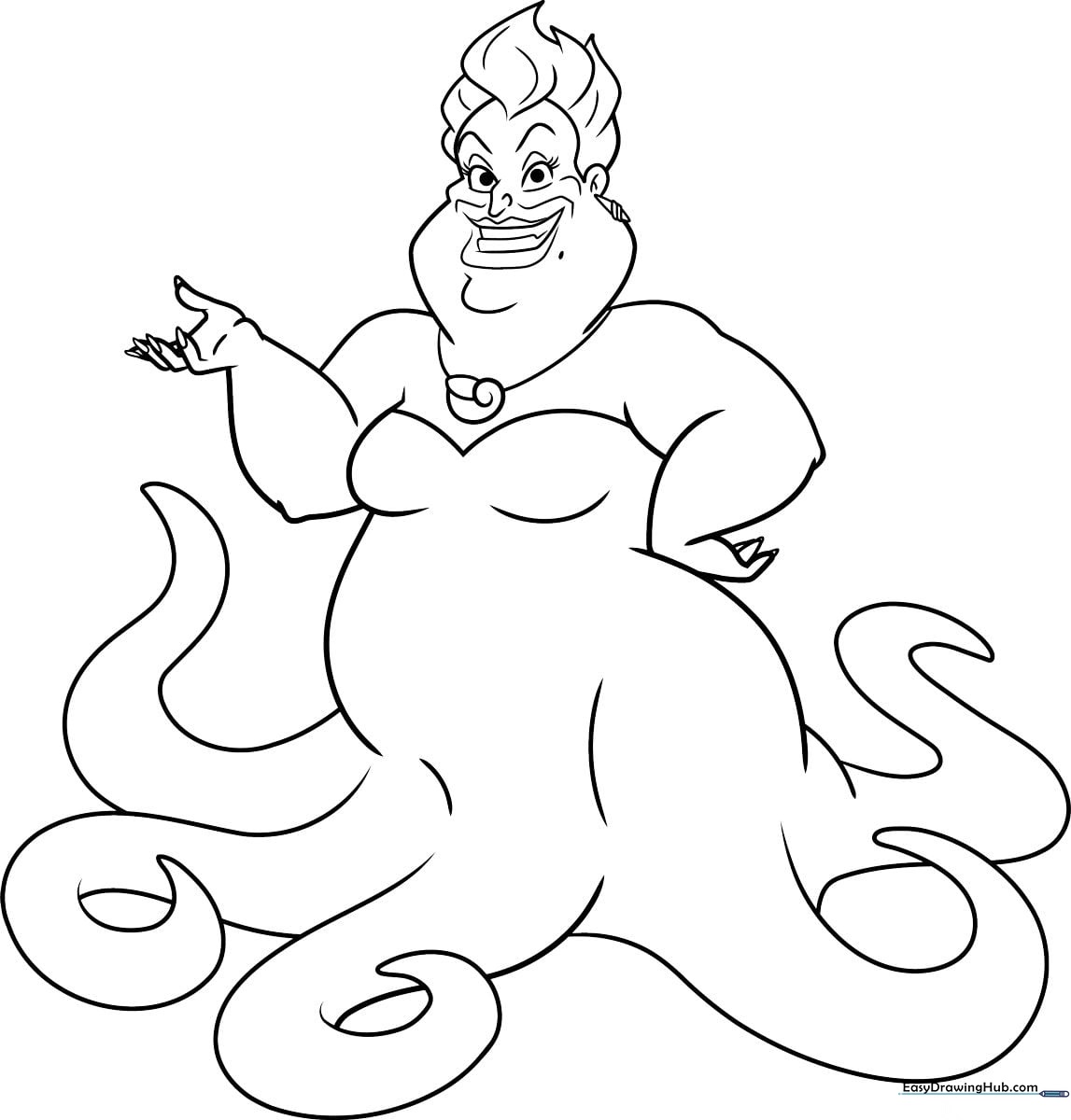 Black and white line art of Ursula from The Little Mermaid showing her iconic hairstyle and tentacle details ready for coloring.