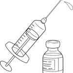 Black and white line art of a medical vaccine syringe with a clear plunger and needle, designed for children to color.