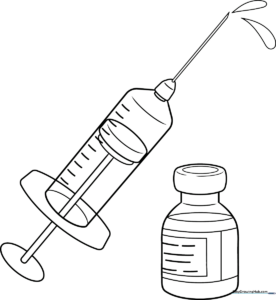 Black and white line art of a medical vaccine syringe with a clear plunger and needle, designed for children to color.
