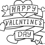Black and white line art of a folded Valentine's Day card featuring a large heart icon, ready for children to color with markers or crayons.