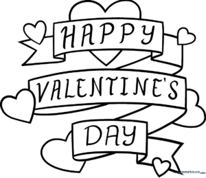 Black and white line art of a folded Valentine's Day card featuring a large heart icon, ready for children to color with markers or crayons.