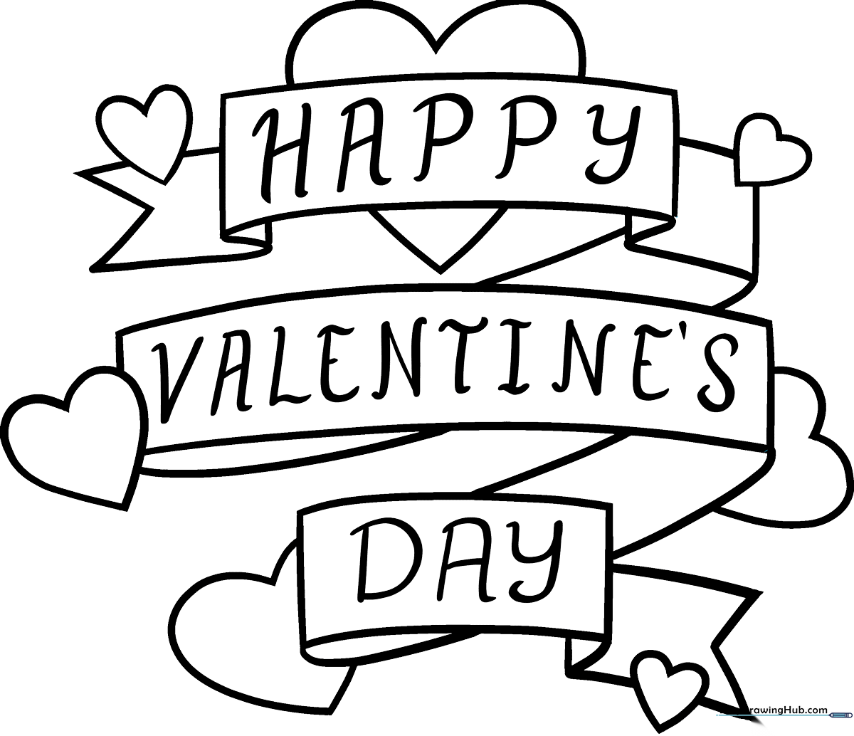 Black and white line art of a folded Valentine's Day card featuring a large heart icon, ready for children to color with markers or crayons.