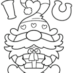 Black and white line art of a cute gnome holding a heart, designed as a foldable Valentine's Day card for children to color.
