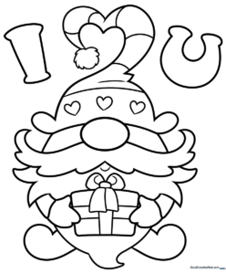 Black and white line art of a cute gnome holding a heart, designed as a foldable Valentine's Day card for children to color.