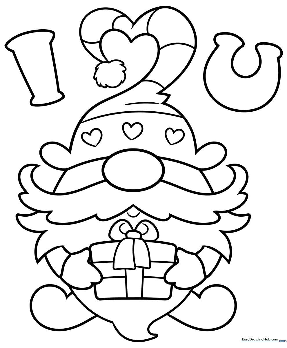 Black and white line art of a cute gnome holding a heart, designed as a foldable Valentine's Day card for children to color.