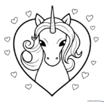 A whimsical unicorn character surrounded by Valentine hearts, featuring bold, clean outlines perfect for children to color with crayons or markers.