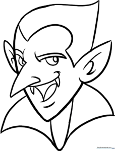 A friendly cartoon vampire character with a high collar and cape, featuring bold outlines perfect for children to color.