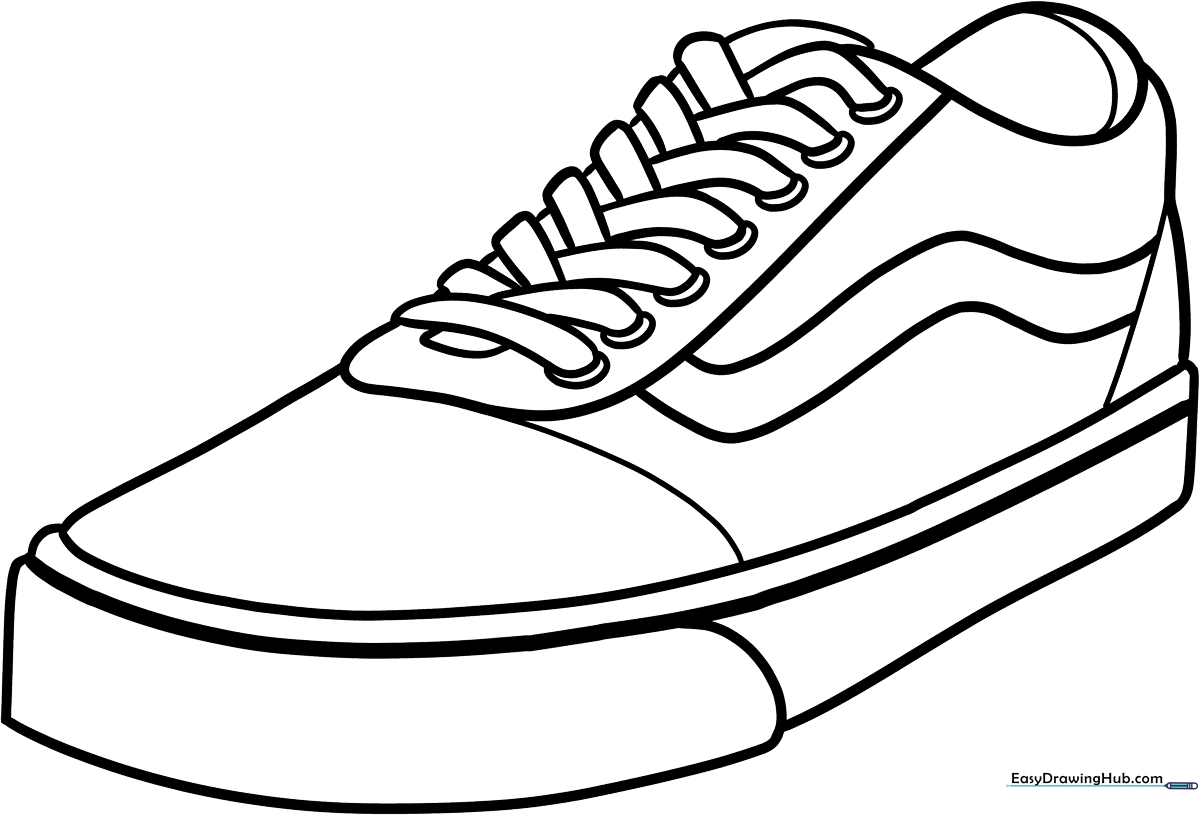 Black and white line art of a classic low-top sneaker with clean outlines, perfect for children to practice coloring patterns and textures.