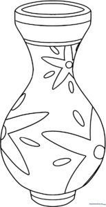 Black and white line art of a classic ceramic vase with a wide base and narrow neck, designed for children to color.