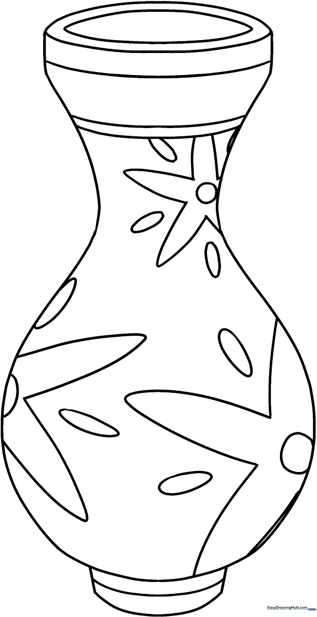 Black and white line art of a classic ceramic vase with a wide base and narrow neck, designed for children to color.