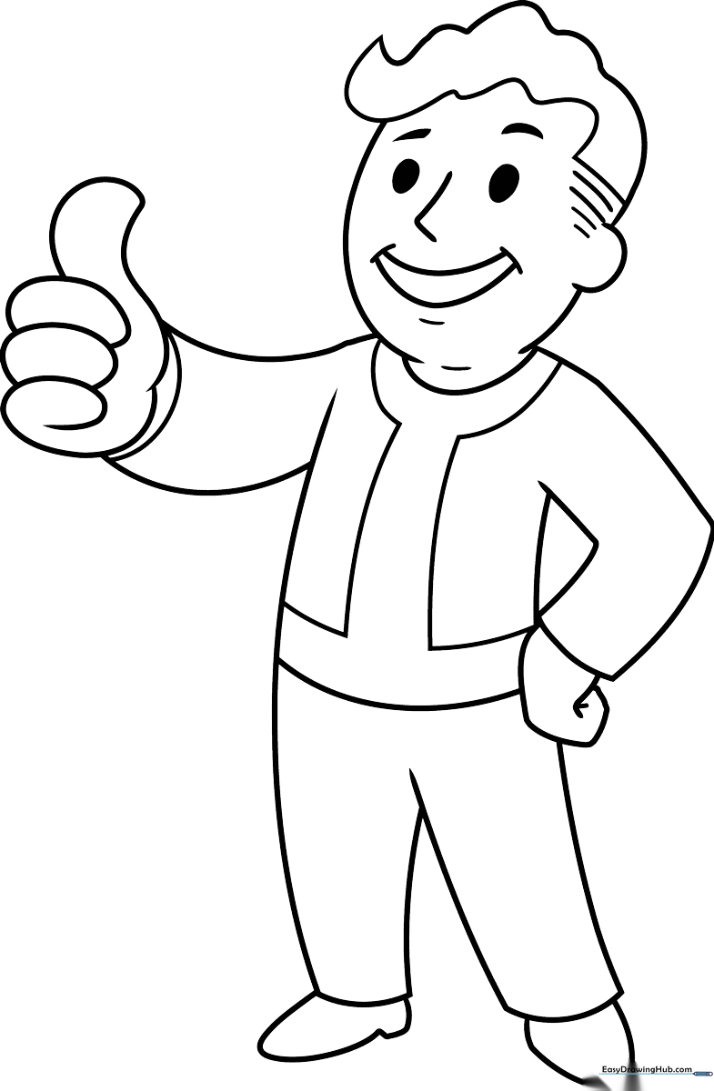 Black and white line art of Vault Boy from Fallout, featuring his signature thumbs-up pose and jumpsuit, ready for children to color.