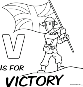 Black and white line art of a VE Day commemorative card featuring celebratory text and patriotic symbols, ready for children to color.
