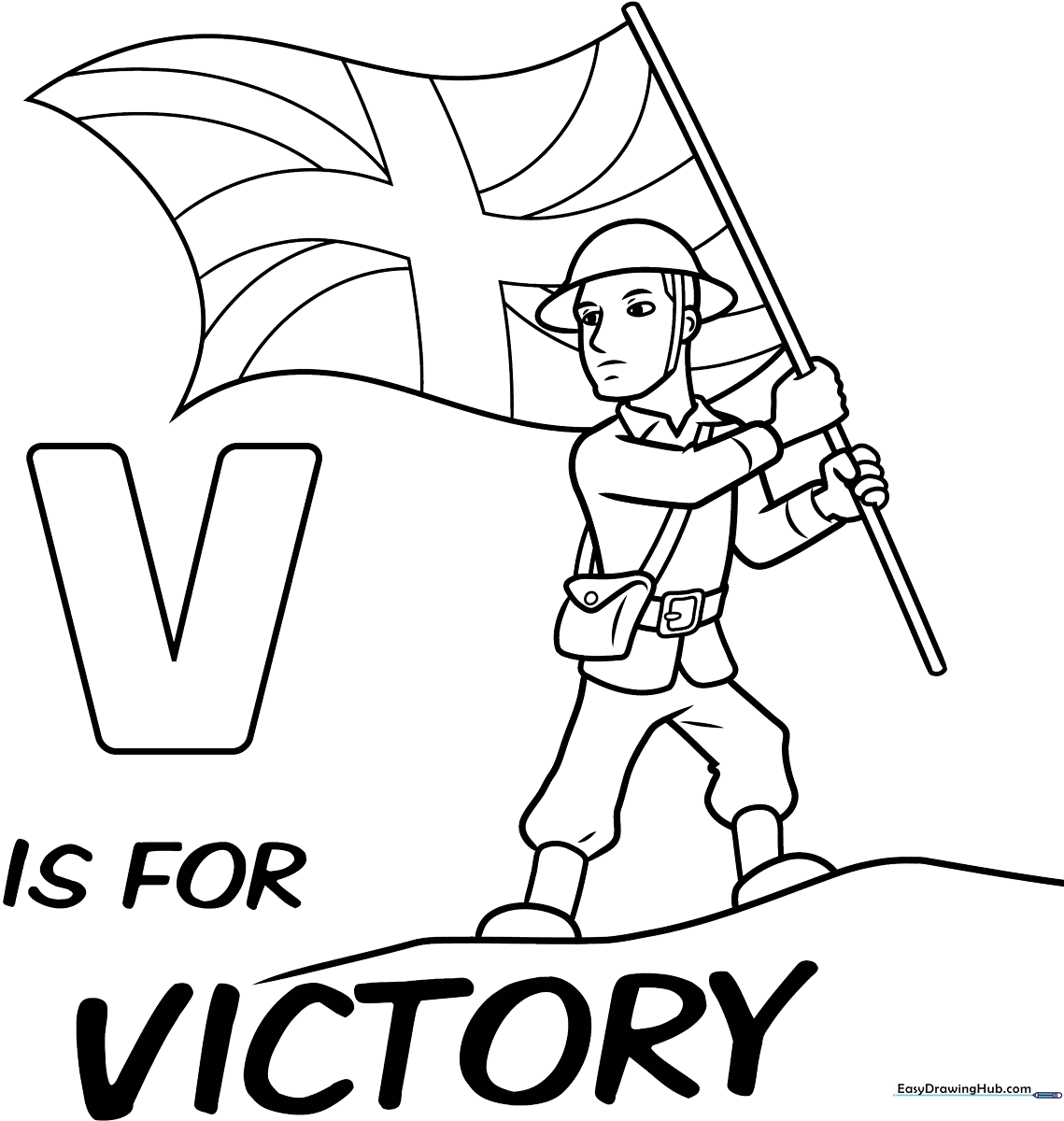Black and white line art of a VE Day commemorative card featuring celebratory text and patriotic symbols, ready for children to color.