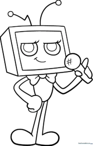 Black and white line art of Vee from Dandy's World, featuring a television-headed character ready for coloring.