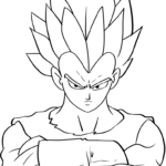 Black and white line art of Vegeta from Dragon Ball in a dynamic standing pose, featuring clear outlines for easy coloring.