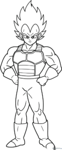 Full-body line art of Vegeta in his classic Saiyan battle armor, featuring clean outlines for coloring practice.