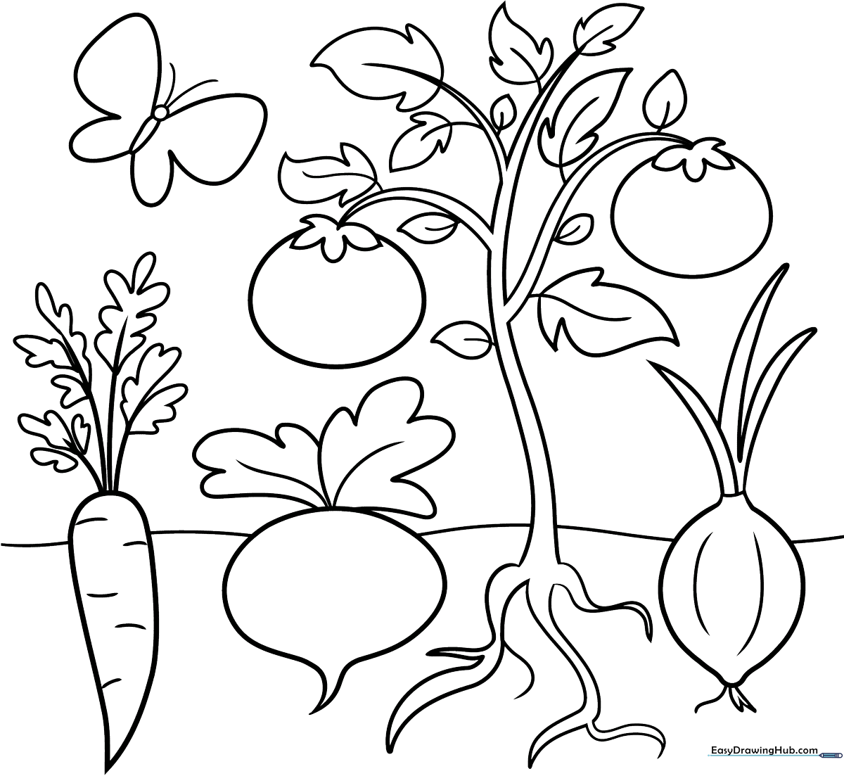 A collection of friendly, cartoon-style vegetables including carrots and broccoli with bold outlines for easy coloring by children.
