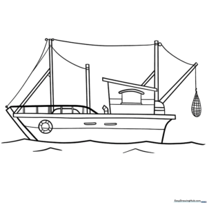 Simple line art of a fishing boat with nets, designed for children to color.