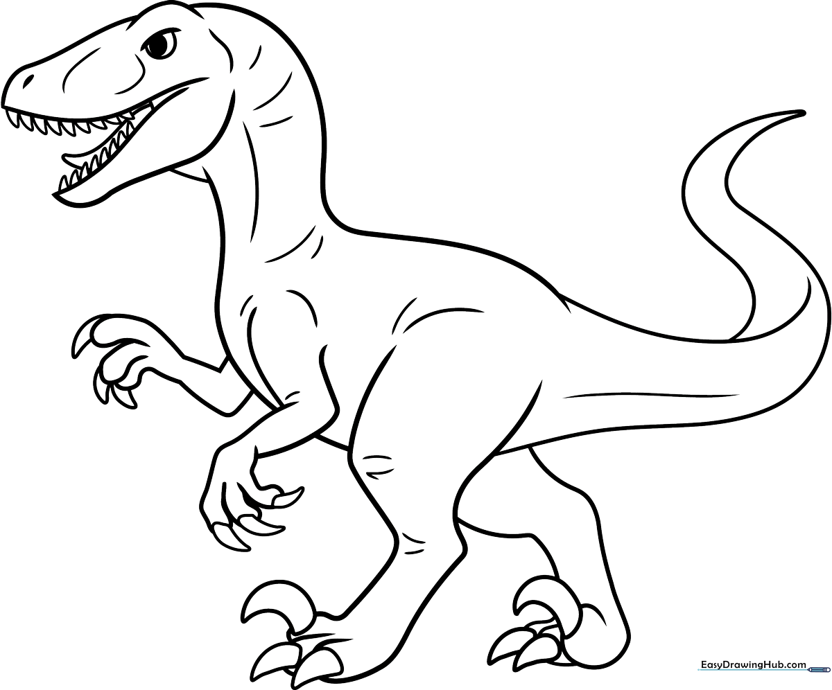 Black and white line art of a Velociraptor dinosaur standing in a dynamic pose, featuring sharp claws and a long tail, ready for coloring.