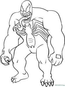 Detailed line art of Venom featuring sharp eyes and a wide grin, designed for children to color with markers or crayons.