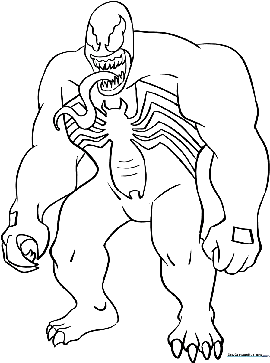 Detailed line art of Venom featuring sharp eyes and a wide grin, designed for children to color with markers or crayons.