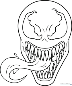 Black and white line art of Venom's face featuring large, jagged eyes and a wide, toothy grin, designed for children to color.