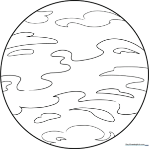 A friendly cartoon illustration of the planet Venus with a smiling face, featuring bold outlines for easy coloring by children.
