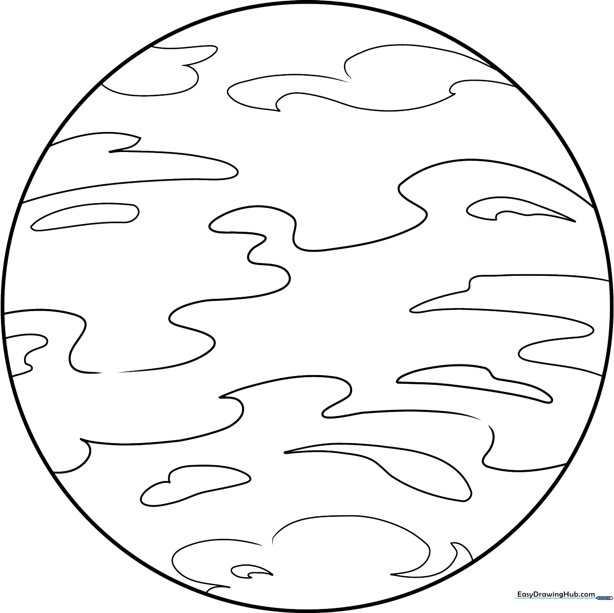 A friendly cartoon illustration of the planet Venus with a smiling face, featuring bold outlines for easy coloring by children.