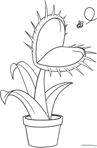 A clean, black-and-white line art illustration of a Venus Flytrap with wide-open, toothy leaves, designed for children to color.