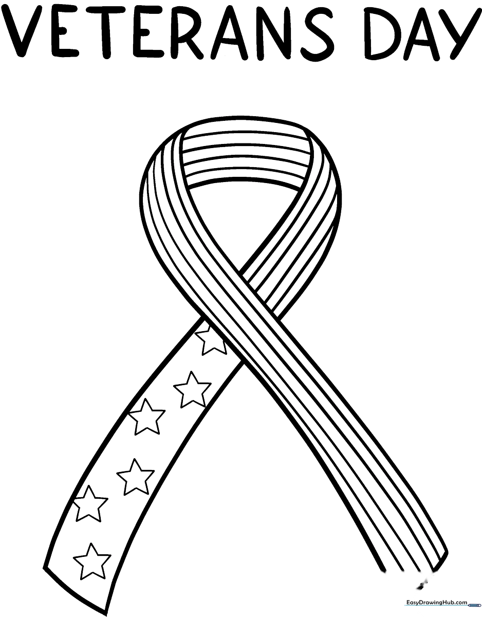 A clean, bold-lined coloring page of a folded awareness ribbon, centered on a white background, designed for easy coloring by children.