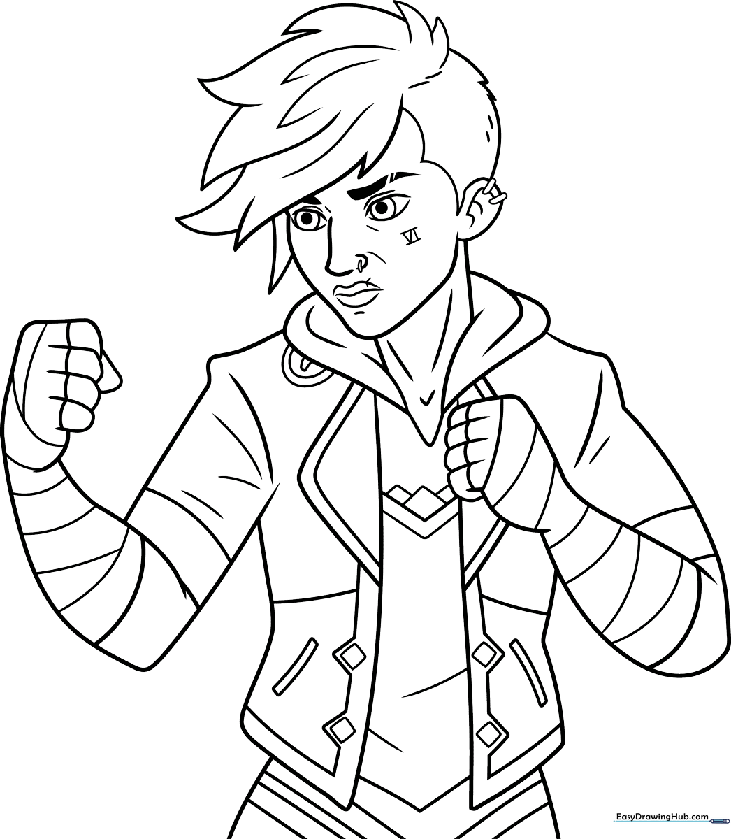 Line art illustration of Vi from Arcane featuring her signature short hair and determined expression, ready for coloring.