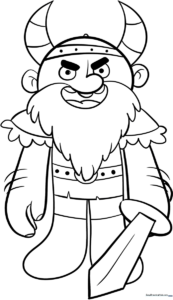 Line art illustration of a friendly cartoon Viking wearing a horned helmet and holding a round shield, ready for coloring.
